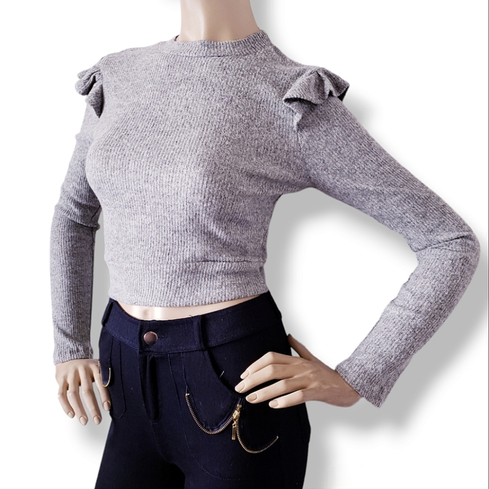 Heart & Hips Gray Ribbed Ruffled Shoulder Cropped Sweater Top - Picture 3 of 8
